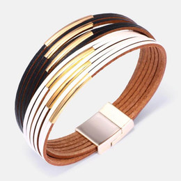 Multi-Layer Leather Wrap Magnetic Buckle Alloy Bracelet