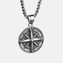 Silver Compass Stainless Steel Men's Necklace