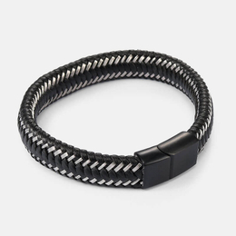 Pulsera vintage de acero inoxidable con cordón de cuero trenzado