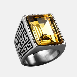 Chinese Great Wall Pattern Stainless Steel Men's Gemstone Ring