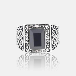 Vintage Pattern Black Gemstone Stainless Steel Ring