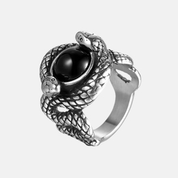 Double Snake Entwined Black Ruby Stainless Steel Ring