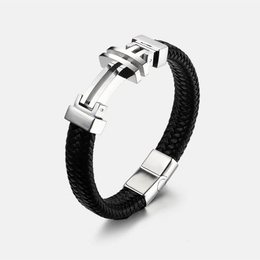 Vintage Men's Leather Cord Stainless Steel Bracelet