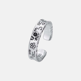 Flower Graffiti Black Gemstone Sterling Silver Open Ring