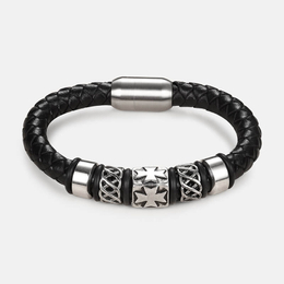 Maltese Cross Beads Stainless Steel Leather Bracelet