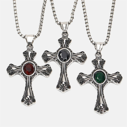Retro Pattern Gemstone Stainless Steel Cross Pendant