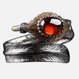 Black Agate Feather Sterling Silver Adjustable Men's Ring