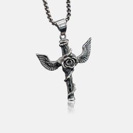 Vintage Rose Wing Cross Stainless Steel Pendant
