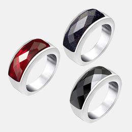 Minimalist Faceted Gemstone Inlaid Stainless Steel Band Ring