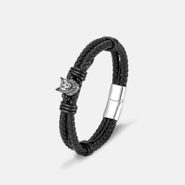Wolf Head Stainless Steel Braided Leather Bracelet