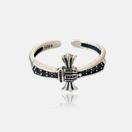 Vintage Crown Cross Zircon Sterling Silver Open Ring