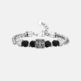 Black Faceted Bead Stainless Steel Cross Bracelet