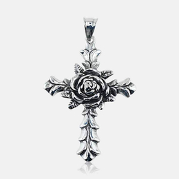 Vintage Twig Rose Stainless Steel Cross Pendant