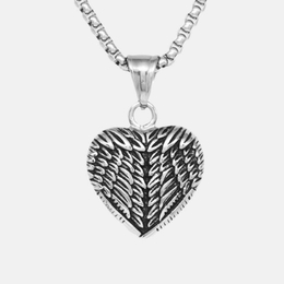 Vintage Wings Feather Stainless Steel Heart Pendant