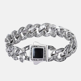 Black Gem Rose Pattern Stainless Steel Men's Bracelet