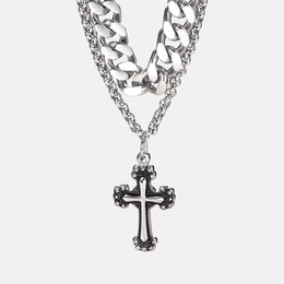Punk Doppelkette Edelstahl Kreuz Halskette