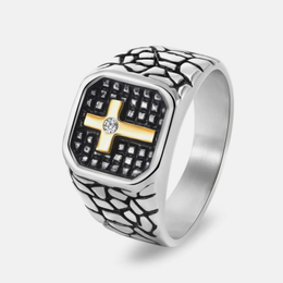 Irregular Crack Gemstone Set Cross Stainless Steel Ring
