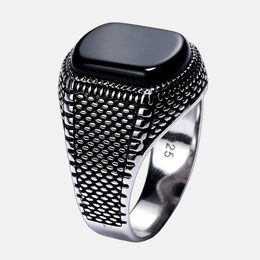 Natural Agate  Black Stone Sterling Silver Mens Ring